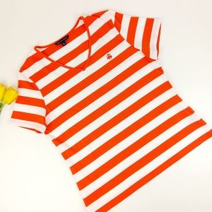 Brooks Brothers 346 Red White Stripe V-Neck Short Sleeve Top Womens XL